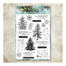 A sheet of clear stamps with black holiday-themed designs, including Christmas trees, stamps, and phrases, displayed on a textured beige background with a decorative header card.