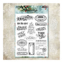 A sheet of vintage-style Christmas phrases and labels from Retro Style, featuring various holiday text designs like 'A Merry Yuletide', 'Ho Ho Ho!', and 'Merry Christmas' on a light blue background with a rustic beige textured border.