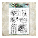 A sheet of clear acrylic stamps with black floral and script designs, mounted on a decorative card labeled 'Relax Style' and 'Make of Cursive Paper Crafts,' shown against a textured beige background.