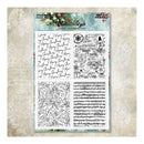 Relax Style Christmas-themed clear stamp set by Uttermost Journals, featuring four panels with cursive holiday messages, Santa illustrations, botanical line art, and sheet music on a decorative card.