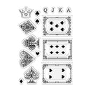 A set of black and white playing card-themed stickers or decals arranged on a plain white background, including a crown, club, spade, hearts, diamonds, and card suits with decorative borders.