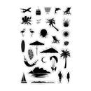 A sheet of clear vinyl stickers featuring black tropical and beach-themed silhouettes, including palm trees, a surfboard, flamingos, a hammock, a sunset, a parachute, and a couple of people walking, all shown on a plain white background.
