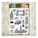 A sheet of clear stamp designs featuring London-themed illustrations, including Tower Bridge, Big Ben, a red telephone booth, a classic car, a cup of tea, and postmarks, displayed on a textured beige background.