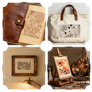 Collage of artistic items including a leather-bound notebook, a tote bag with artwork, framed prints, and art supplies.