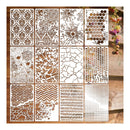 Set of decorative stencils with various patterns on a wooden surface.