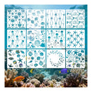 Set of marine-themed stencils on a blue background with underwater scene at the bottom