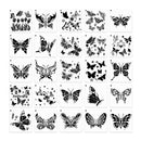 A sheet of 20 small square cards arranged in a grid, each printed with different black butterfly and floral stencil or decal designs on a white background.