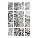 A sheet of 15 rectangular black-and-white patterned samples arranged in a grid on a white background, showing various abstract and organic motifs such as leaves, flowers, coral, zebra-like stripes, and cellular patterns.