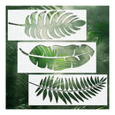 Three white rectangular panels featuring tropical leaf cutout designs, arranged vertically over a dark green palm leaf background.