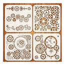 Four square laser-cut wooden stencil templates featuring steampunk designs of gears, cogs, and clock faces, arranged in a 2x2 grid on a brown wood background.