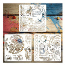 Four white stencils with intricate brown, blue, and gold artistic patterns, arranged on a rustic, paint-splattered wooden background.