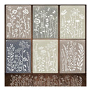 Six rectangular floral stencil sheets arranged in a 2x3 grid, each with a different muted background color and white botanical cutout design. The designs include wildflowers, dandelions, butterflies, and leafy stems.