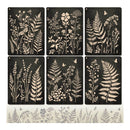 Six rectangular black wall art panels arranged in a 2x3 grid, each featuring a different botanical and insect illustration in a light beige tone. A matching horizontal strip of floral artwork appears along the bottom edge.