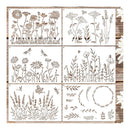 Six square decorative panels with engraved or printed wildflower and botanical line designs, arranged in a 3-by-2 grid on a rustic wood background with white flowers along the right edge.