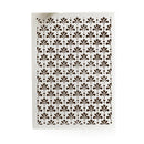 A rectangular stencil sheet featuring a repeating dark brown damask-style leaf and dot pattern on a white background, shown against a clean white backdrop.