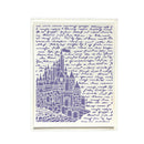 A square art print featuring a lavender purple line art illustration of a castle, surrounded by handwritten cursive text, presented in a clear acrylic frame with a white backing.