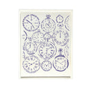 A square art print or card featuring a collage of vintage pocket watch illustrations in dark purple on an off-white background, shown with a thin white border against a light gray backdrop.