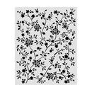 A rectangular stencil or template featuring a black floral and leaf pattern on a light gray background, shown against a white backdrop.