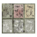 Set of six decorative panels with butterfly and dragonfly designs on a textured background.