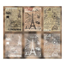 Set of six vintage-style posters with Eiffel Tower and text design on a brown background.