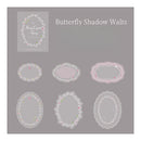 A digital preview sheet showing six ornate oval and elongated frame designs with floral borders, plus a small sample card reading 'Butterfly Shadow Waltz' and 'Misty Crystal Glasses.' The layout is on a plain gray background.