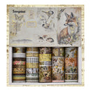 Set of washi tapes in a decorative box with fox and nature-themed designs.