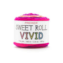 A single skein of Premier Sweet Roll Vivid yarn with a white paper label, showcasing its vibrant magenta, pink, and yellow variegated colorway on a white background.