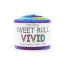 Colorful yarn ball with 'Premier Sweet Roll Vivid' label on a white background