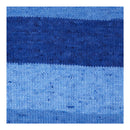 A close-up of a knitted fabric texture with horizontal stripes in shades of blue, including dark navy, medium blue, and light sky blue.