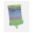 A handmade crochet oven mitt with horizontal stripes of green, yellow, orange, pink, and blue, featuring a light green loop handle, shown on a light gray background.