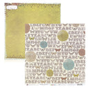 Two sheets of scrapbook paper one with a textured olive-green background and the other with a cream background decorated with retro alphabet letters, butterflies, and circular motifs in muted brown, blue, and yellow-green tones.