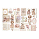 A sheet of vintage-style decorative stickers or decals featuring teddy bears, girls, bows, books, envelopes, a sewing machine, butterflies, and pastel pink and beige illustrations on a white background.