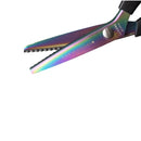 Iridescent rainbow metal hair trimmer scissors with black handles, shown open on a plain white background. The blades have a holographic finish reflecting purple, blue, green, and gold tones, with 'HAIR SCISSORS' and the brand 'Vilmi' printed on them.