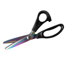 Black-handled hair shears with an iridescent rainbow metallic blade, shown on a plain white background.