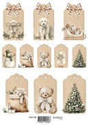 A sheet of vintage-style Christmas gift tags with illustrations of a dog, carousel, sleigh, snowman, teddy bear, Santa Claus, Christmas tree, and burlap bags with bows. The tags are printed on a beige background with a barcode and the brand name REPRINT at the bottom.