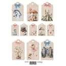 A sheet of decorative paper tags with whimsical illustrated designs, including a unicorn, mushrooms, a castle, books, a butterfly, and floral scenes, arranged on a white background with a barcode and REPRINT text at the bottom.