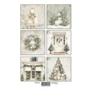 A sheet of six vintage-style Christmas illustrations with a white background. The designs include a Santa Claus wreath, a snowman in the snow, a floral wreath, a decorated house entrance, a shop window with holiday greenery, and a Christmas tree with teddy bears.