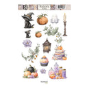 A sheet of Rubons Rubens 3D paper stickers featuring a Halloween and autumn theme, including a black cat in a witch hat, pumpkins, a ghost, a candle, flowers, a lantern, a cupcake, and jars, on a white background.