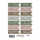 A sheet of printed banner-shaped birthday stickers with multiple colorways and phrases such as 'Happy Birthday to you,' 'sending you a big hug,' and 'celebrate life and all it is golden moments.' The sheet includes a barcode, the text 'REPRINT Friday,' and the code RS068.