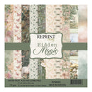 A square paper pack labeled 'Reprint Hobby Hidden Magic' showing multiple pastel patterned sheets with butterflies, florals, leaves, and rustic textures. Text at the bottom reads 'Paper Pack Acid and lignin free,' 'RPM083,' '170 gsm,' '15 double faced sheets,' and 'Made in Sweden.
