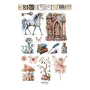 A sheet of watercolor-style decorative stickers or decals featuring a white unicorn, a pink fairy, a blue dragon, stacked books, a mushroom, butterflies, a key, a small tree, and a floral stone archway, with the brand name Rubons visible at the top.