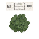 A pile of olive green paper flower embellishments shown below their product label. The label reads 'Reprint Today Paper Flowers 100 pcs FL021 Olive'.