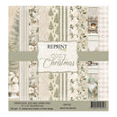 A 12x12 inch paper pack labeled 'Reprint Holiday Cozy Christmas' showing multiple coordinated vintage holiday pattern designs, including stripes, floral motifs, snowmen, gingham, and rustic Christmas imagery. Product details at the bottom include 200 gsm, acid and lignin free, and Made in Sweden.