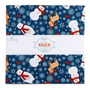 A folded fabric bundle with a winter holiday pattern featuring snowmen, snow dogs, and snowflakes on a navy blue background, wrapped in a white paper band labeled Riley Blake Designs Winter by Riley.