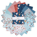 A set of folded fabric squares fanned out in a circular arrangement, featuring various holiday-themed patterns including gingham, snowflakes, snowmen, Santa hats, and stripes in blue, red, and white. A white paper band in the center reads 'MINI SET'.