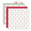 Three overlapping patterned paper sheets with a Christmas theme, featuring red borders, white backgrounds with red bows and gold ornaments, and a sage green polka dot sheet.