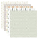 A set of patterned paper sheets fanned out on a white background, featuring neutral tones of sage green, beige, and white with various geometric, plaid, and pine tree motifs.