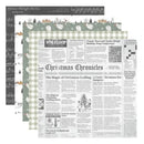 Three overlapping patterned paper sheets with Christmas-themed designs: a dark gray sheet with musical notes and sleigh illustrations, a sage green sheet with snowflakes and trees, and a cream-and-green gingham sheet with a newspaper layout titled 'Christmas Chronicles'.