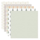 A set of five patterned paper sheets fanned out on a white background, featuring neutral tones of beige, sage green, and white with various patterns including herringbone, plaid, snowflake, and pine tree motifs.
