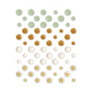 A sheet of assorted circular stickers or embellishments arranged in rows on a white background, featuring textured sage green, metallic gold, and glossy white circles in various sizes.